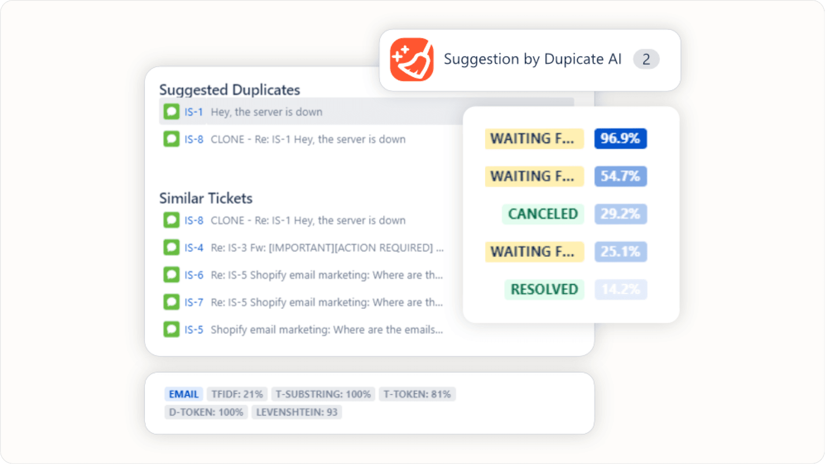 Image of Duplicate AI Jira AI plugins interface showing a list of potential duplicate issues flagged by the plugin.