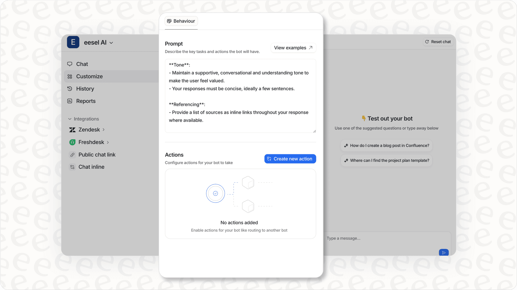 Screenshot of the eesel AI customization settings, showing options to define the AI agent's prompt, tone, and actions for a Shopify AI agent.