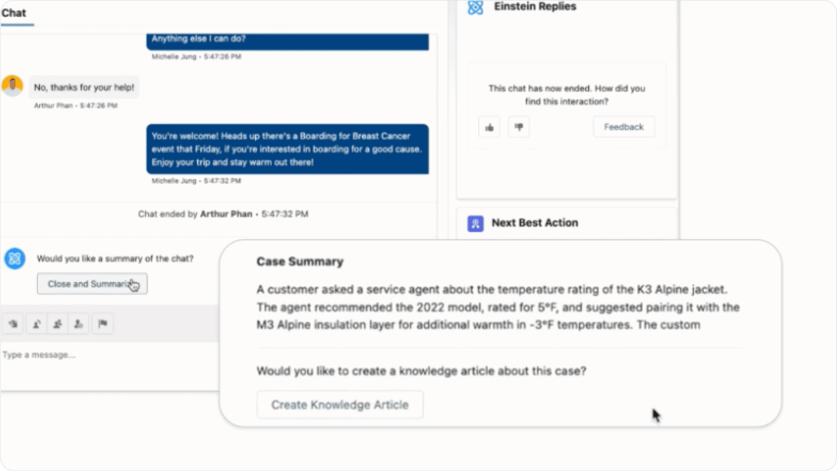 Salesforce AI Einstein in Service Cloud showing AI-generated case summary.