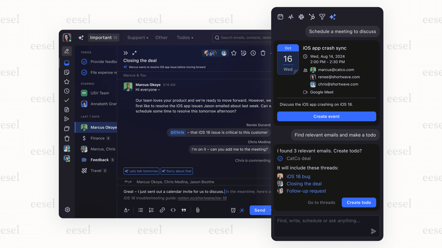 Screenshot of the Shortwave email client interface, highlighting AI features like scheduling a meeting based on an email, demonstrating an alternative AI for Gmail experience.