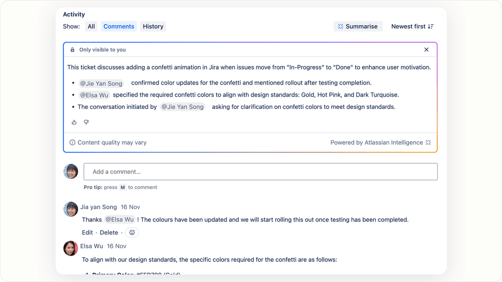 Jira issue activity section displaying the AI-powered summary feature for Jira AI.