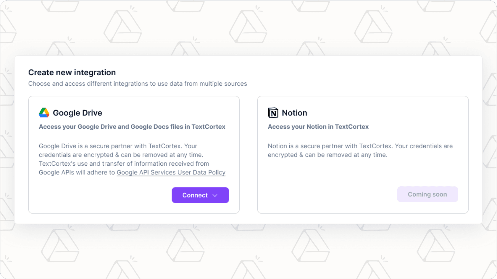 Screenshot of a third-party AI tool's integration settings, showing connection to Google Drive AI.