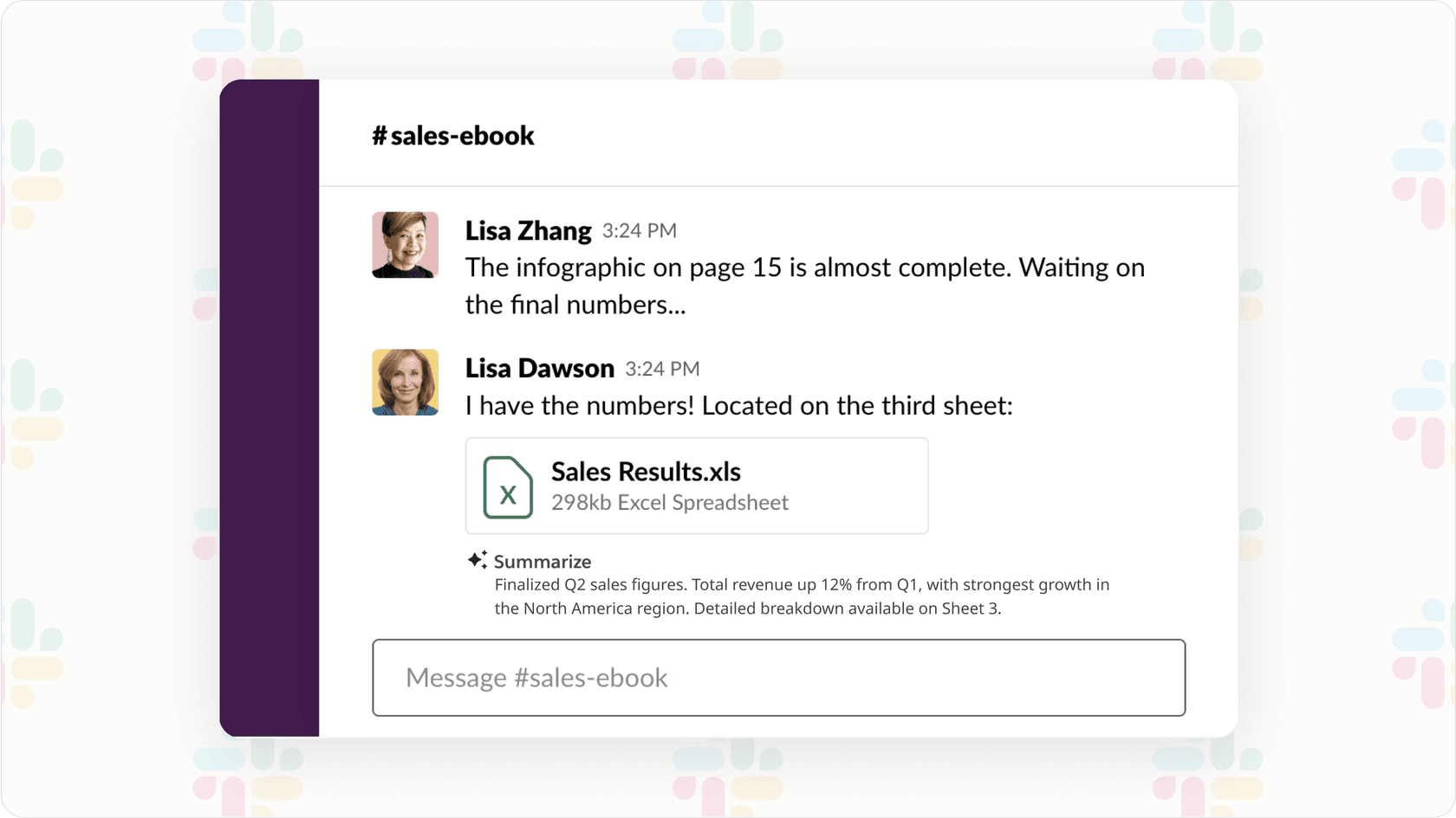 Screenshot showing a file preview in Slack with a generated Slack AI summary displayed.