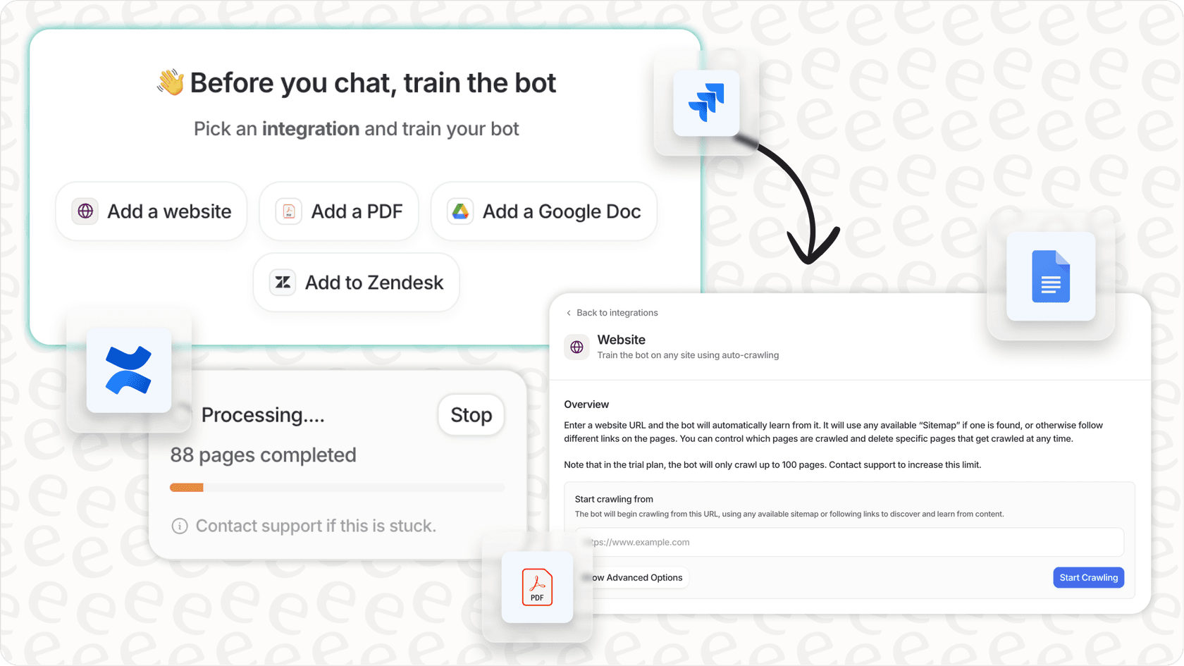 Screenshot of eesel AI training interface showing multiple knowledge source options, relevant to Zohodesk AI pricing.