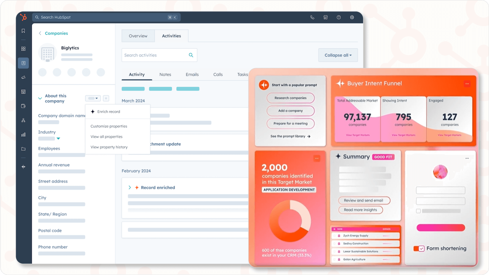 Screenshot showing a view to Breeze Intelligence features in HubSpot, including buyer intent, summary, and enrich record.