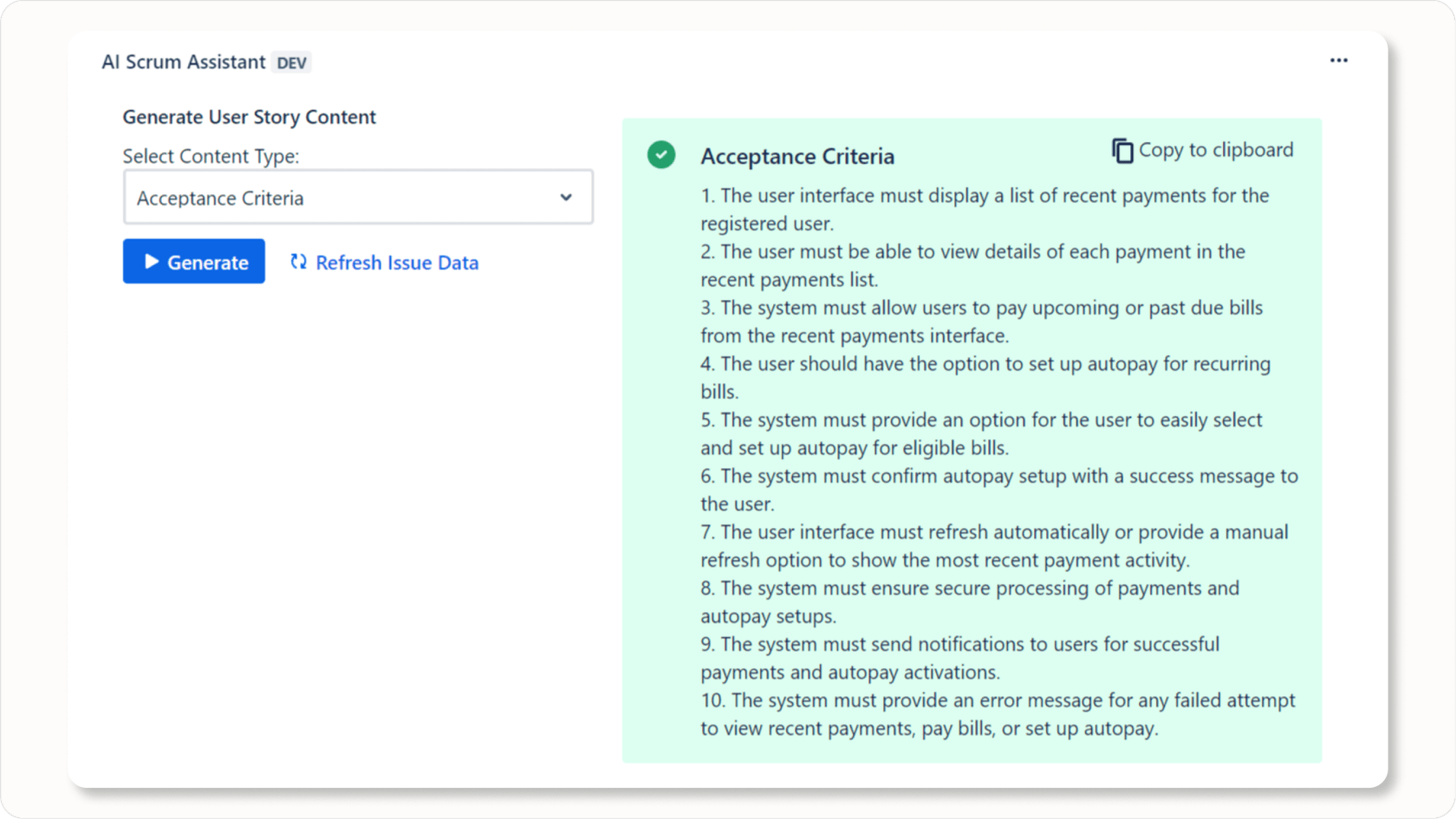 Image of AI Scrum Assistant Jira AI plugins interface showing suggested Acceptance Criteria for a user story in Jira.