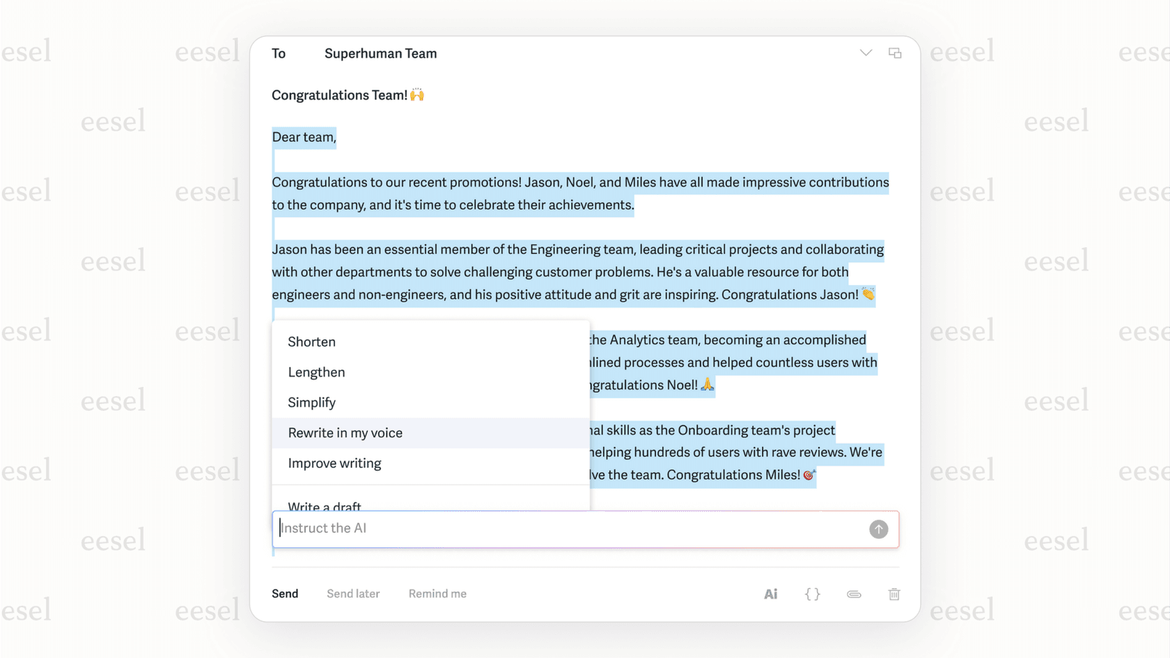 Screenshot of the Superhuman email client compose window, showing options for AI writing or inserting snippets, illustrating speed-focused AI for Gmail.