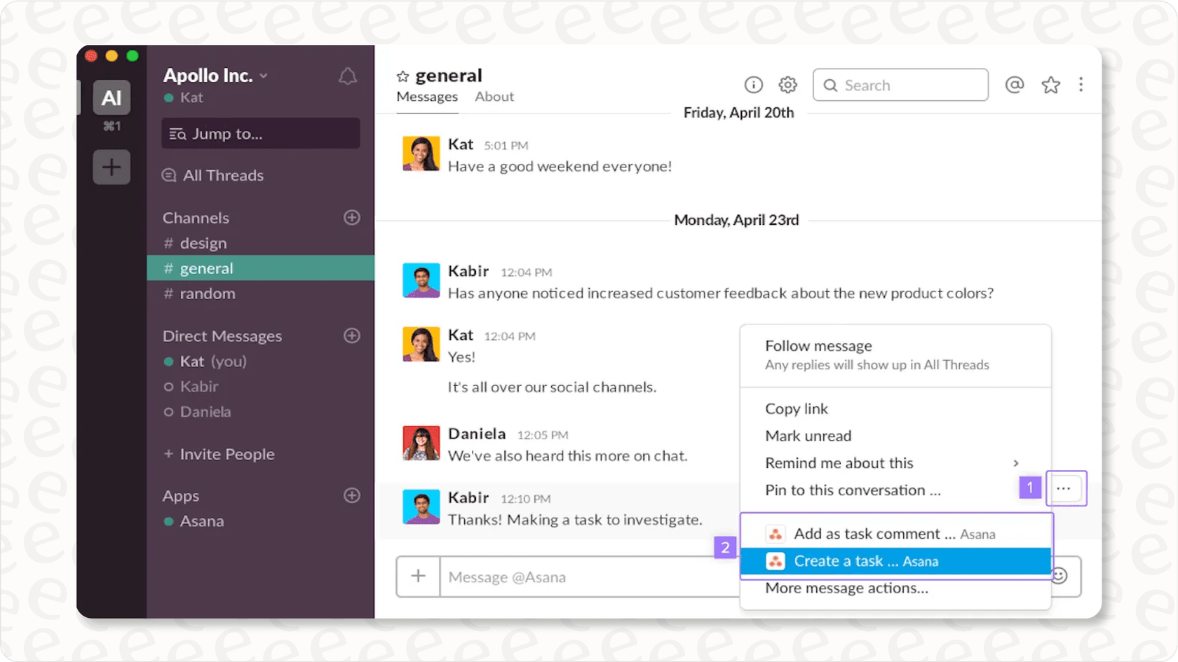 Screenshot showing an Asana task created from a Slack message, illustrating project management Slack AI integration.