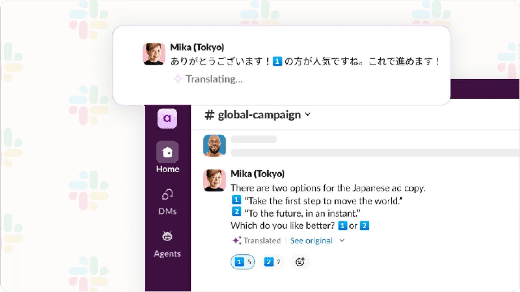Screenshot showing a foreign language message in Slack with the Slack AI translation option or the translated text displayed