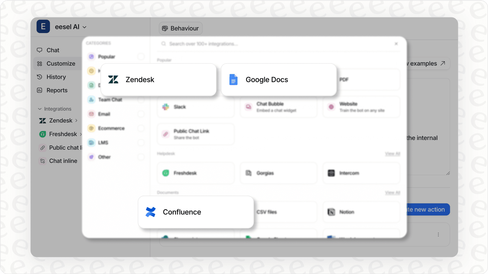 Screenshot of eesel AI dashboard showing integrations with Zendesk, Confluence, and Google Docs, highlighting its broader knowledge training compared to Slack AI pricing focus.