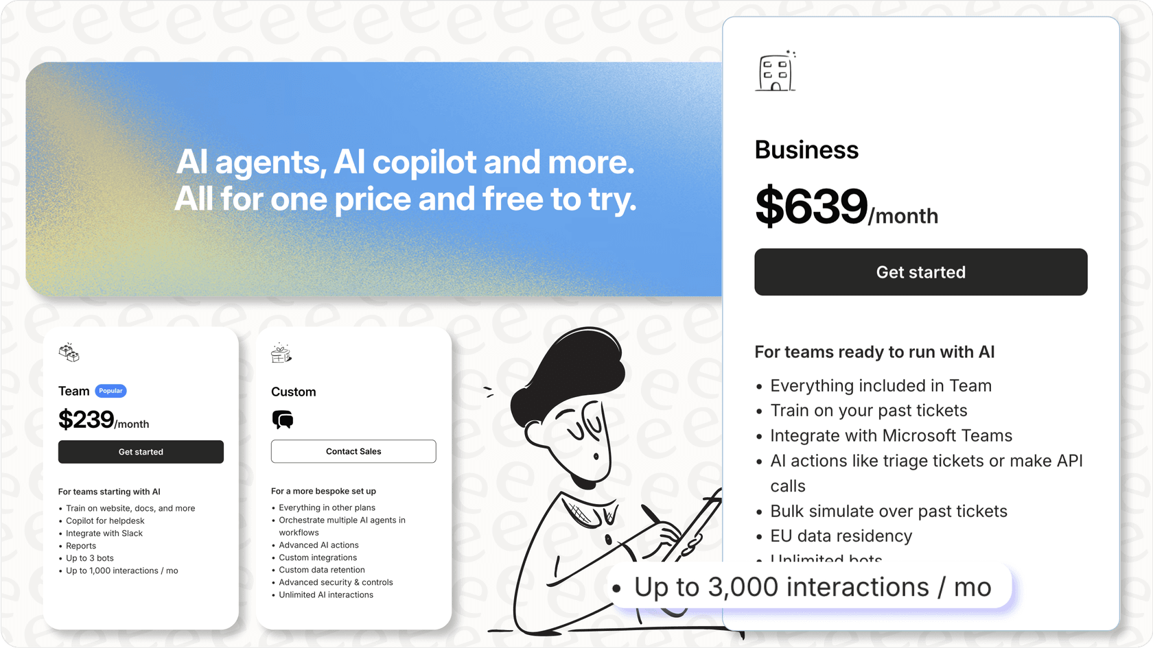 Screenshot of eesel AI pricing page showing pay-per-interaction model, relevant to Zohodesk AI pricing.