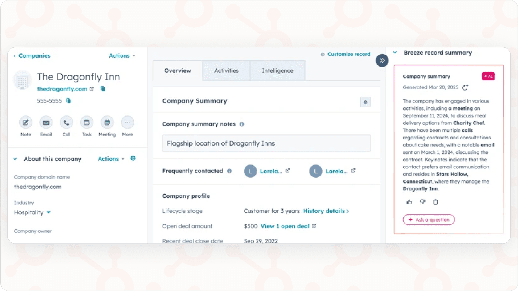 Image of HubSpot AI summarizing company information with embedded AI feature.