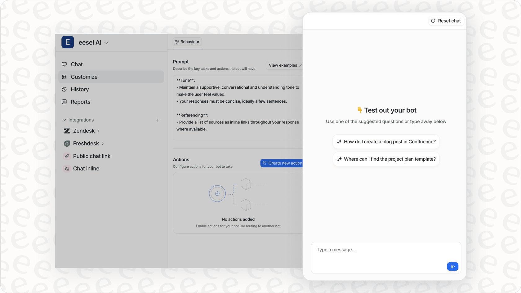 Screenshot of the eesel AI testing interface, illustrating how to simulate conversations or test the Shopify AI agent's responses before going live.