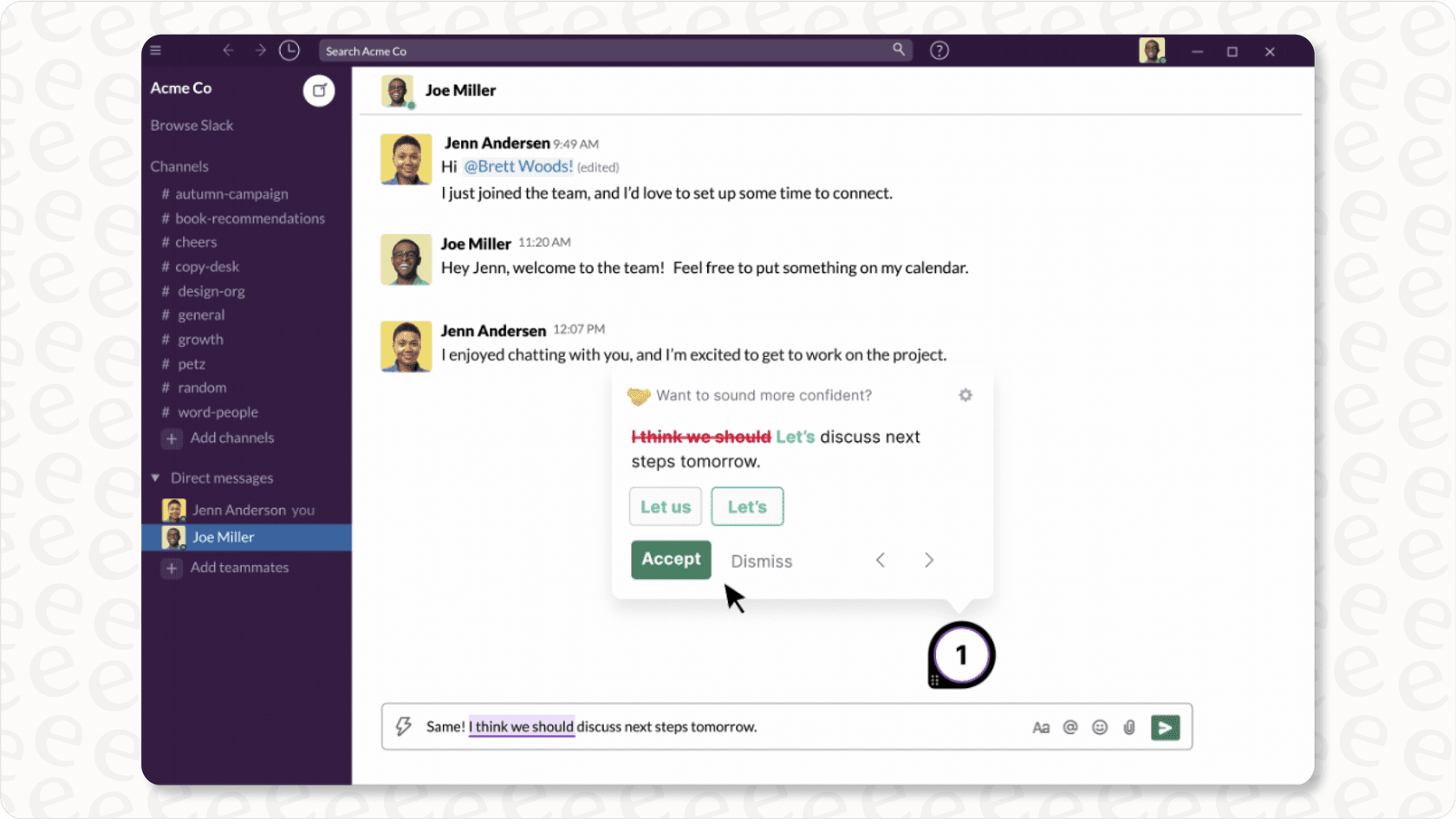 Screenshot showing GrammarlyGO suggestions in the Slack message composer, illustrating writing assistance Slack AI integration.