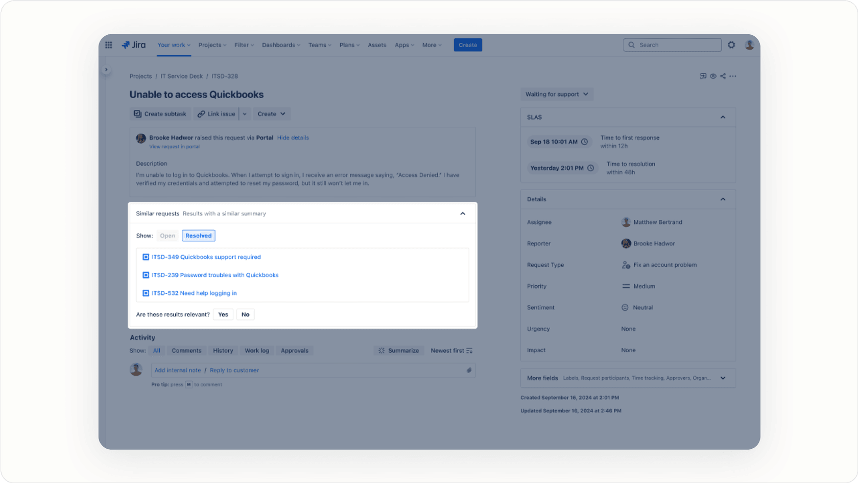 Jira Service Management virtual agent interacting with a customer via chat, powered by Jira AI.
