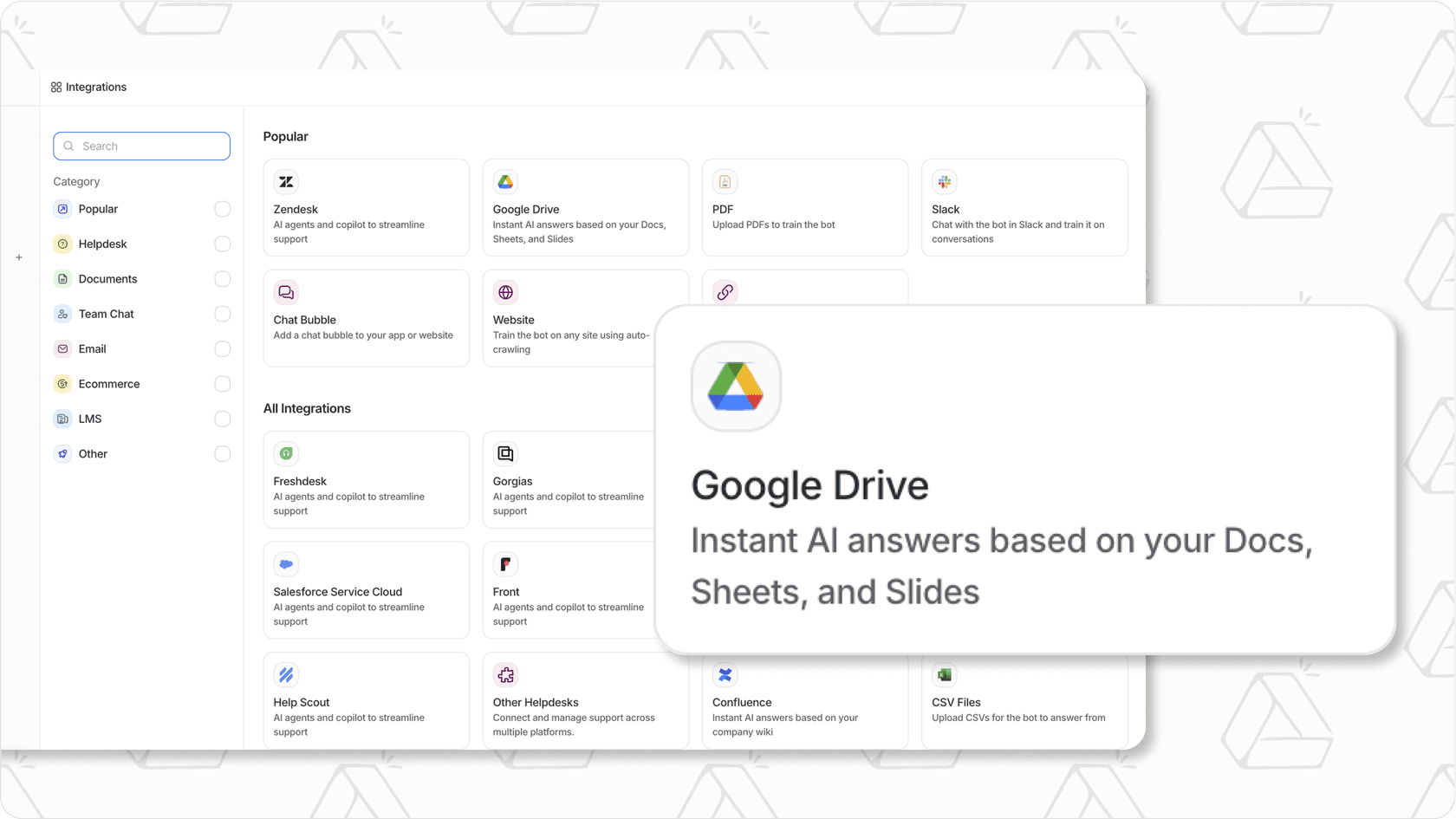 Screenshot of eesel AI dashboard showing integrations, including Google Drive AI connection.