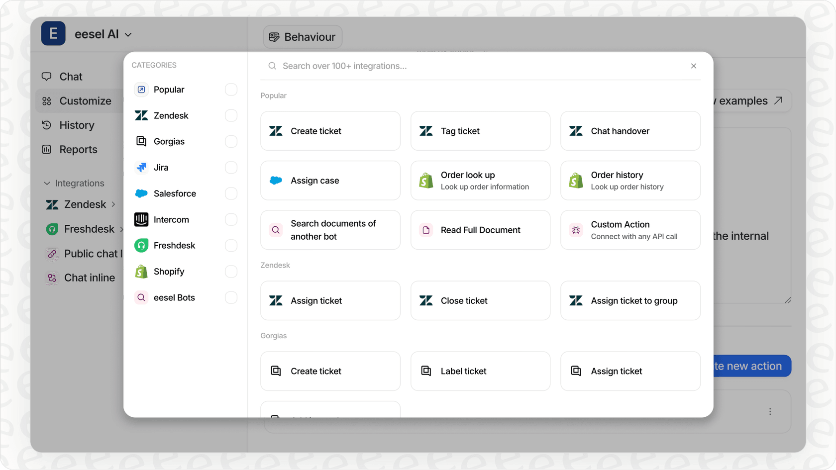 Screenshot of eesel AI automation builder showing actions like tagging or routing, relevant to Zohodesk AI pricing.