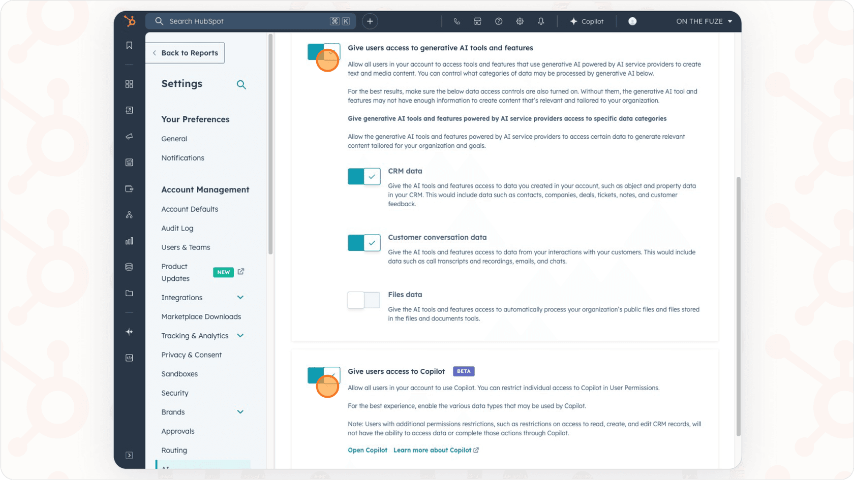 Screenshot showing the AI settings page within HubSpot's Account Management section, where users can enable generative AI tools and Copilot for Hubspot AI.