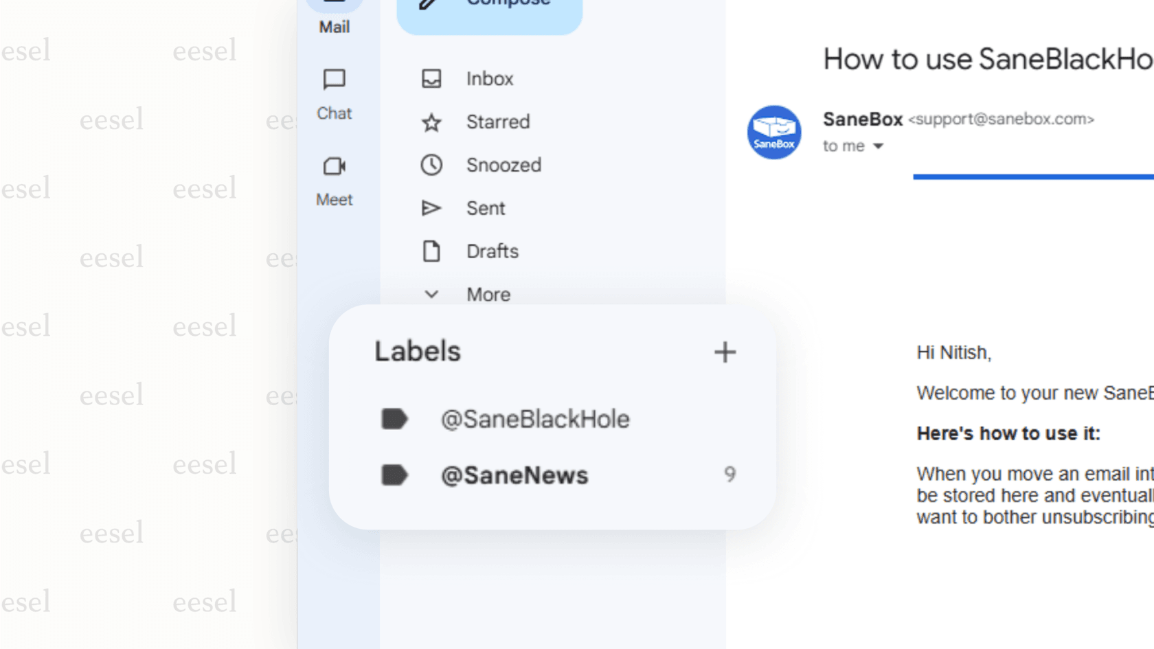 Screenshot showing email folders automatically created by SaneBox, like SaneNews, demonstrating AI for Gmail inbox organization.