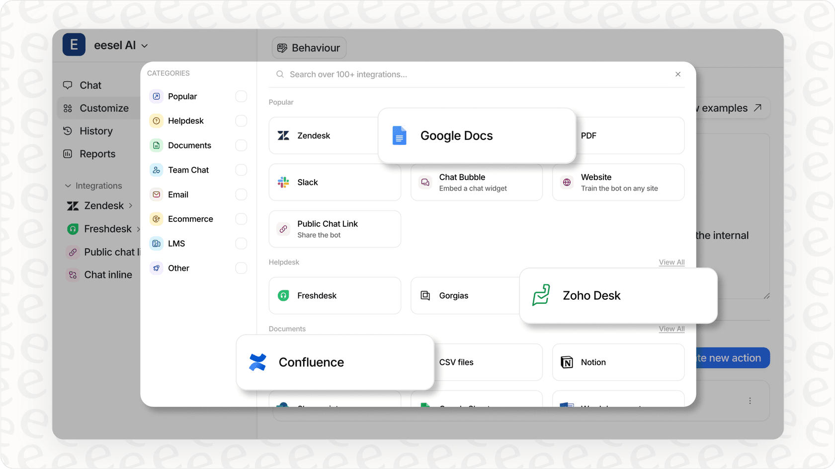 Screenshot of eesel AI integrations page showing various helpdesk platforms including Zoho Desk, relevant to Zohodesk AI pricing.