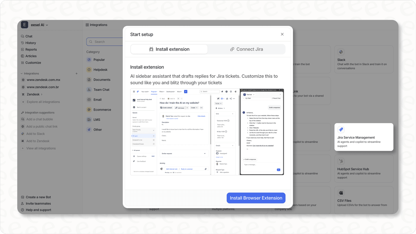 eesel AI dashboard showing integration with Jira Service Management and customization options