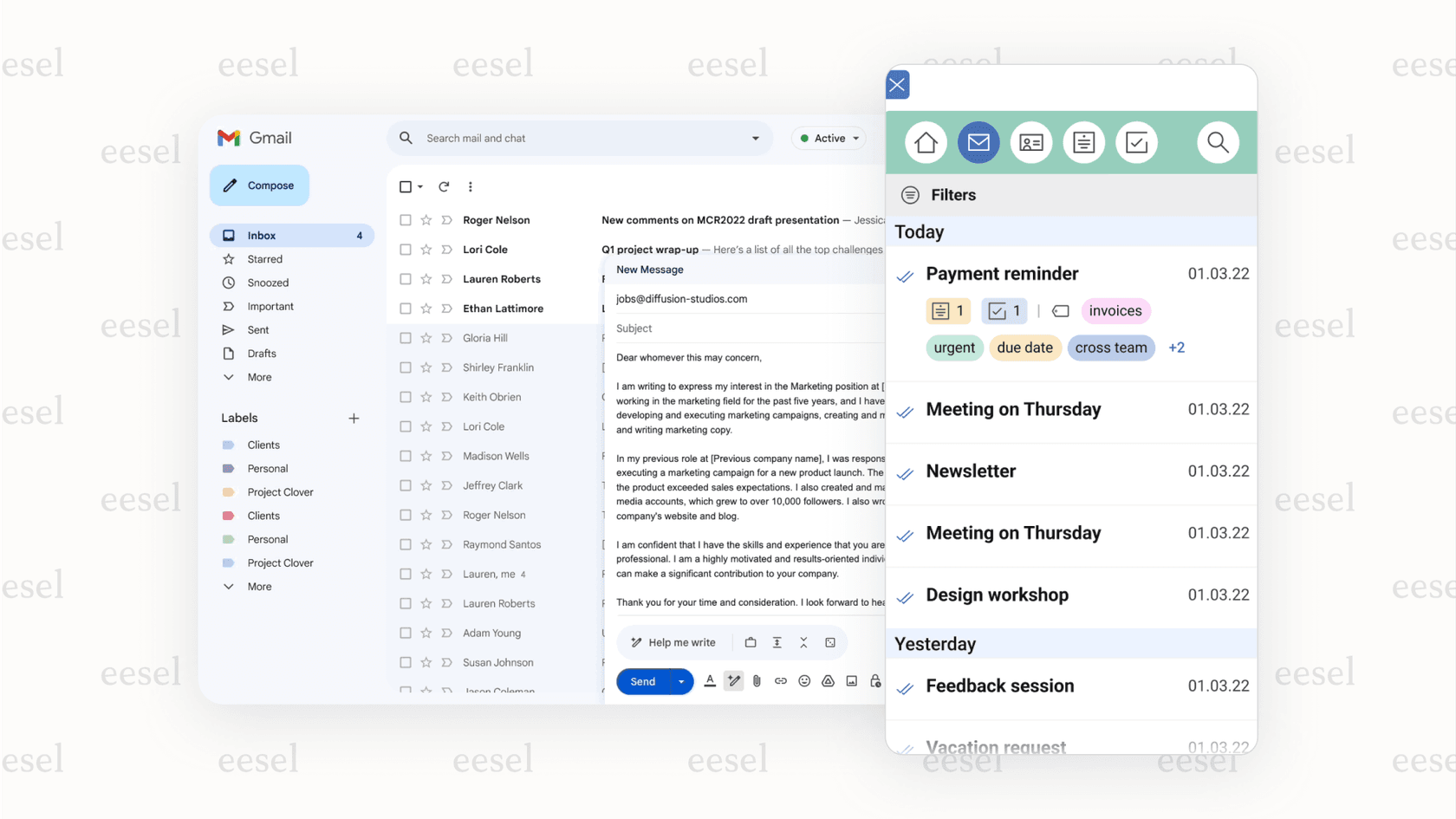 Screenshot of the Mailbutler extension interface within Gmail, showing task organizing feature, illustrating productivity AI for Gmail.