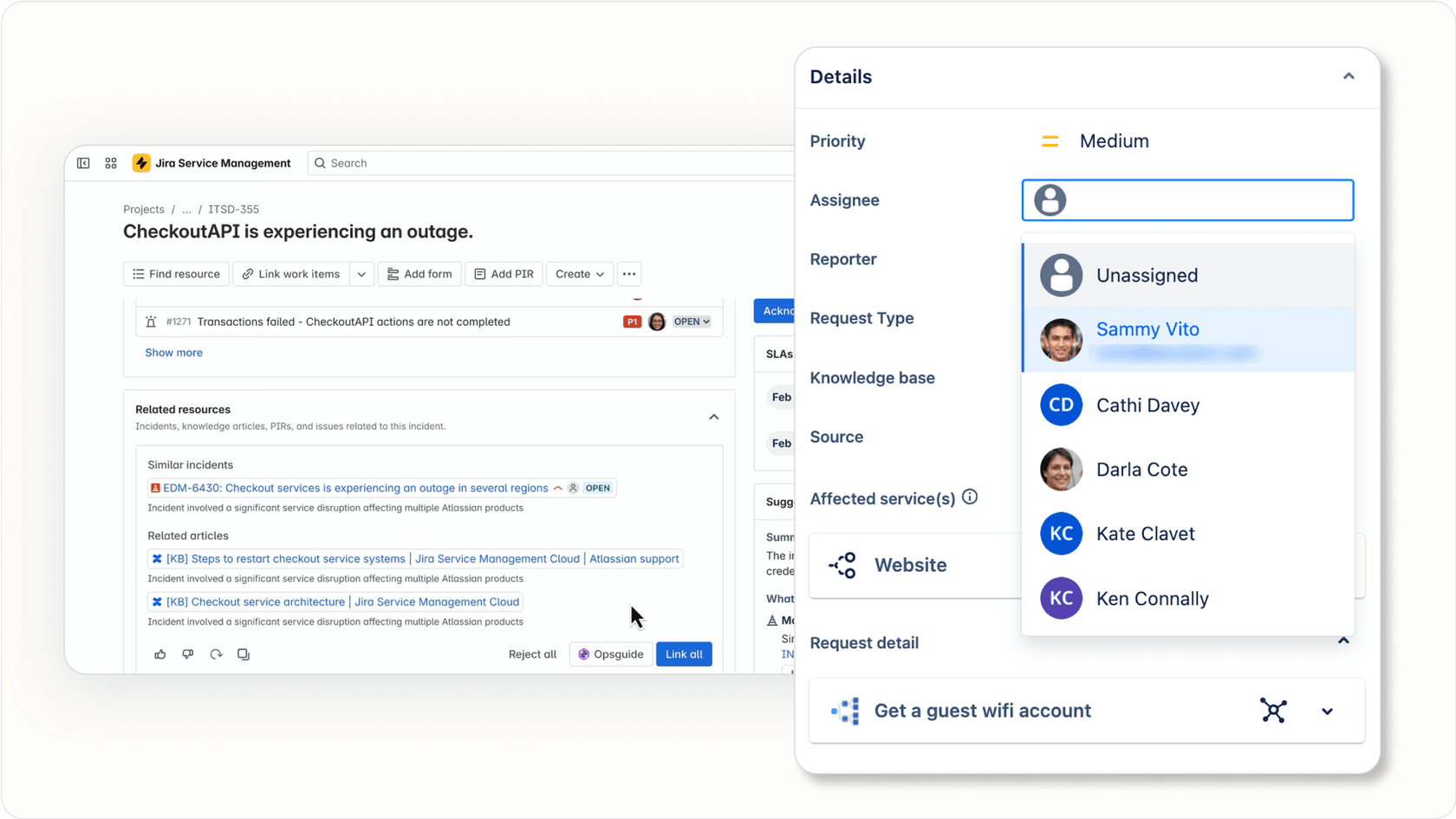 Jira Service Management showing predictive agent assignment suggestions powered by Jira AI.