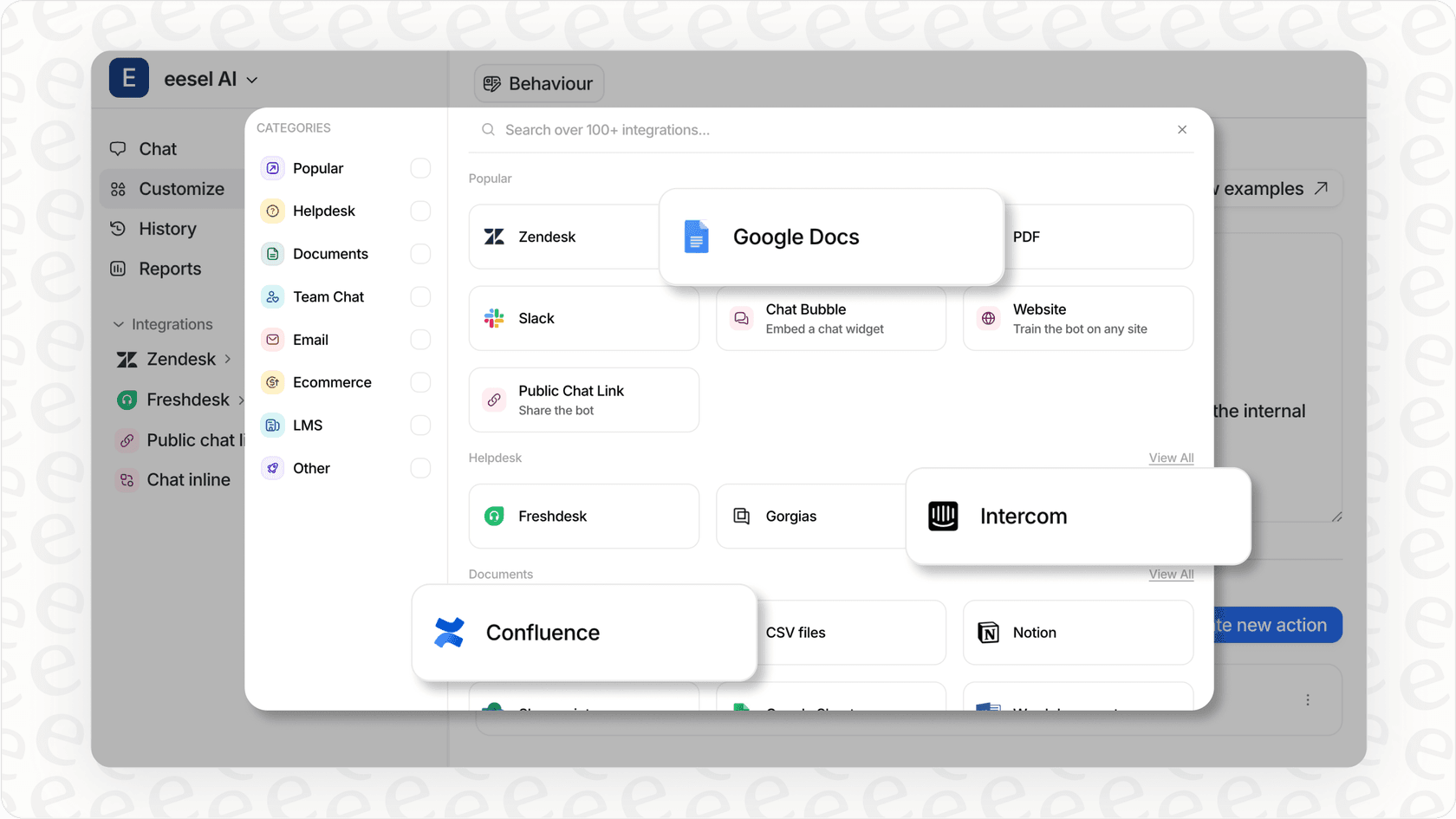 Screenshot of the eesel AI dashboard showing various integrations, highlighting its broader scope compared to Slack AI.