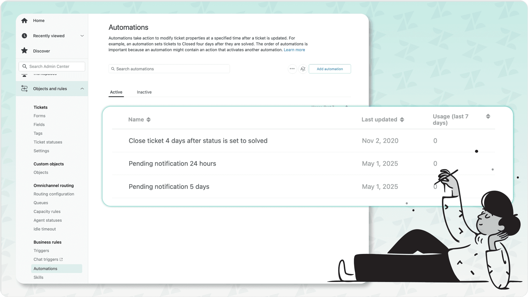 An image of a list of configured Zendesk automations in the admin center.
