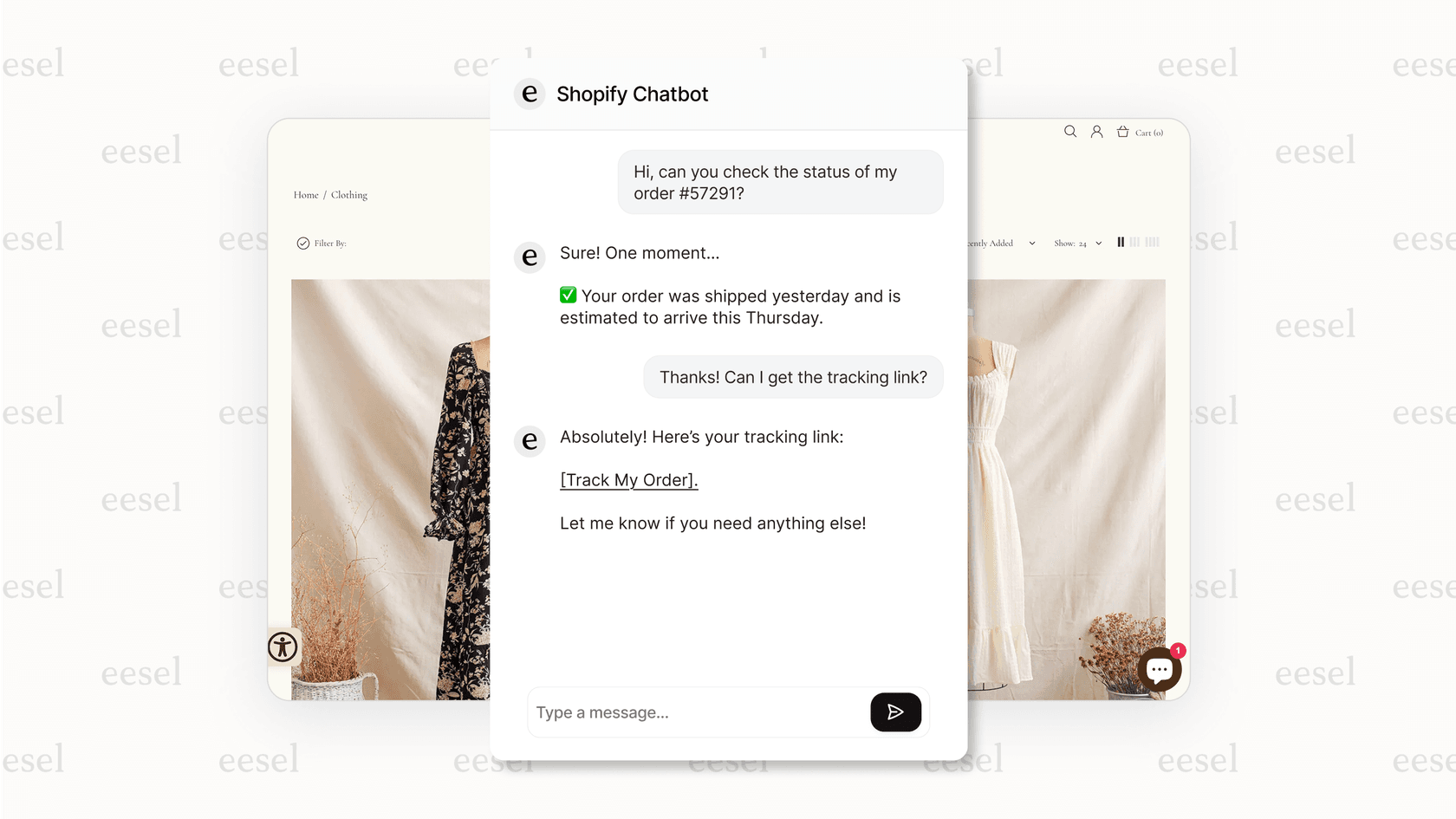 Shopify AI chatbot interface on a store page