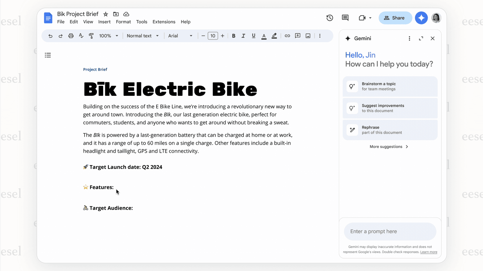 Screenshot of Google Gemini interface in Google Docs, demonstrating its use as a Google Drive AI assistant.
