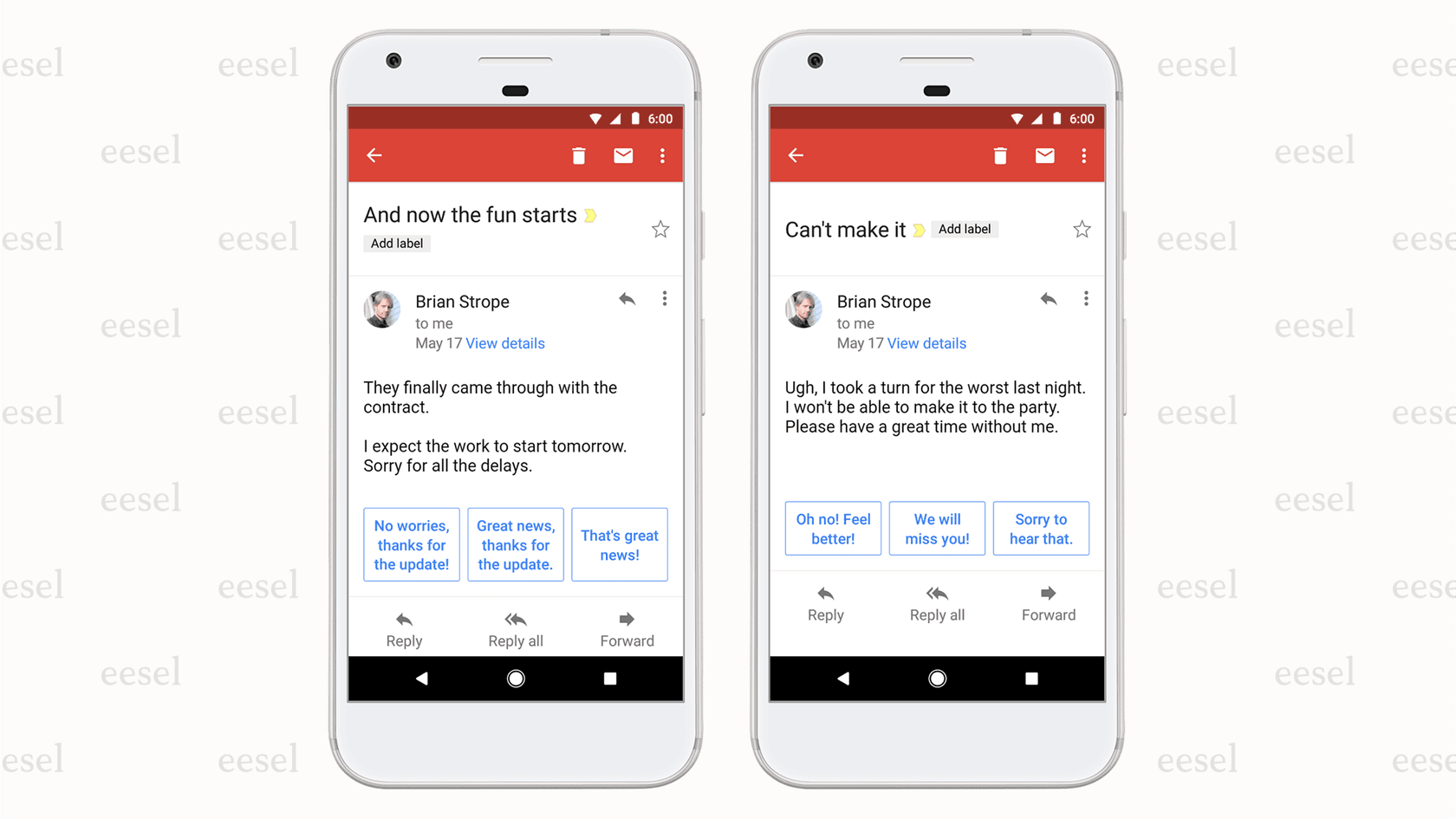 Gmail inbox showing an email with suggested Gmail AI reply options at the bottom.