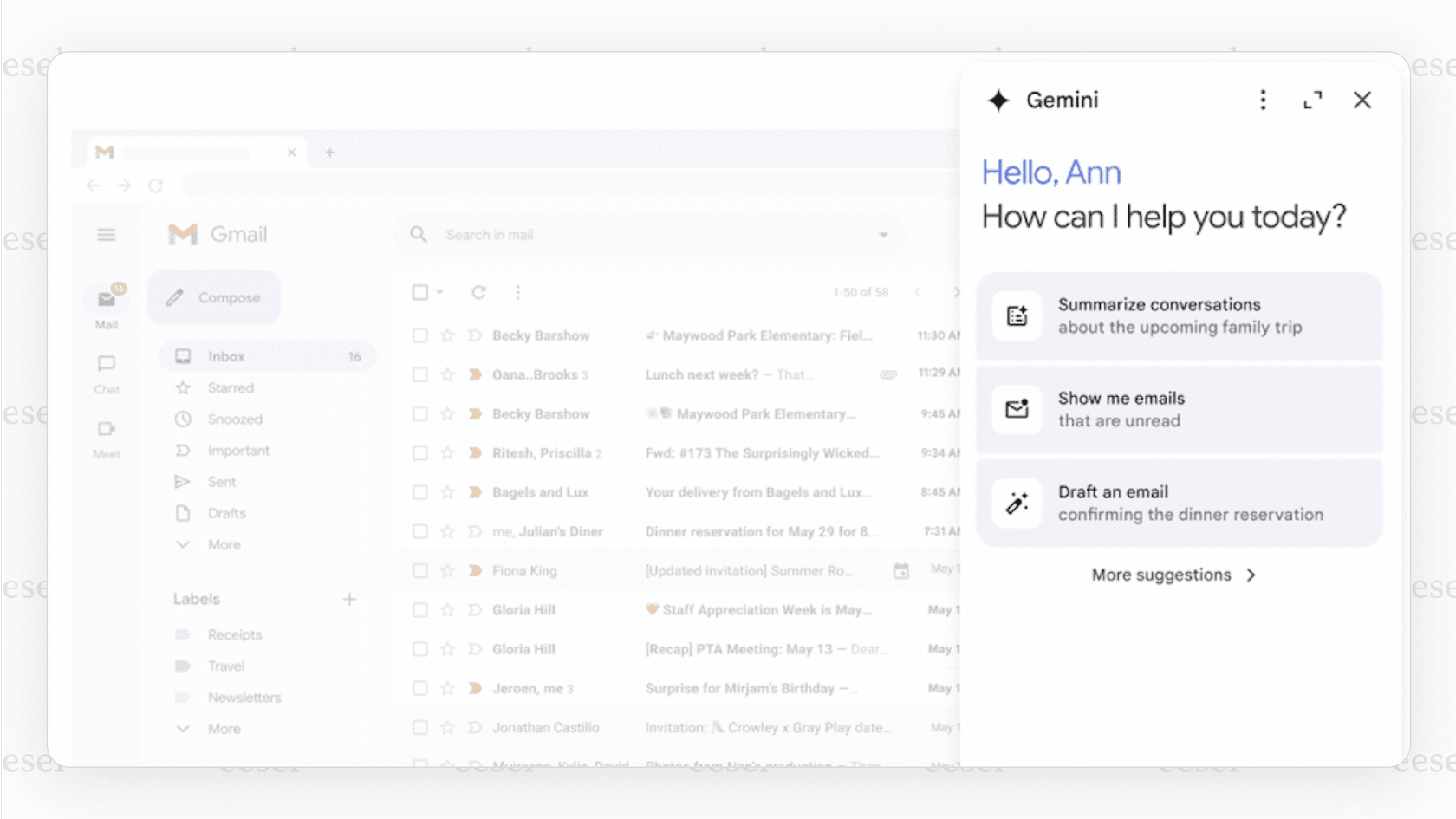 Screenshot of a Gmail inbox showing a Gmail AI plugin interface.