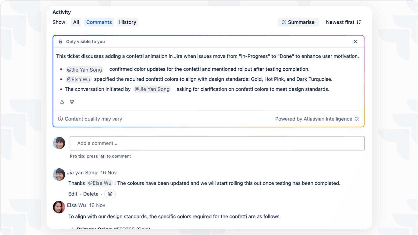 Screenshot showing the Jira AI summary feature providing a concise overview of a ticket's discussion threads.