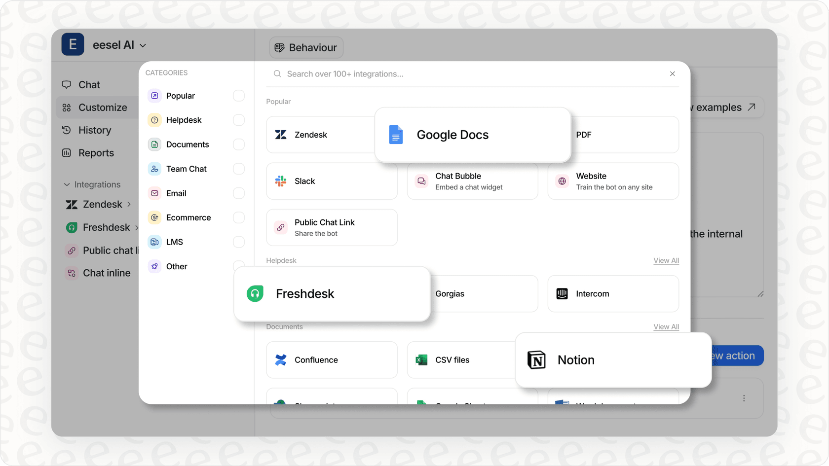 What is an AI virtual assistant? — Screenshot of an AI platform's interface for connecting knowledge sources like Zendesk, Google Docs, and Confluence.