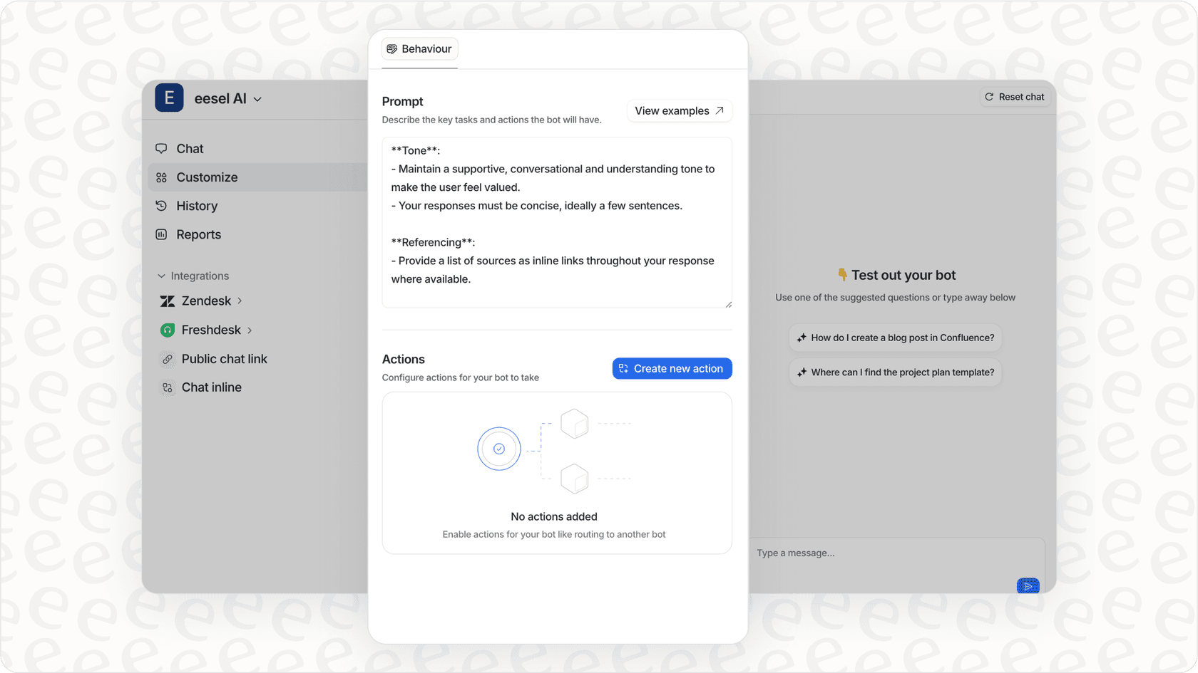 Screenshot of an AI platform's customization interface for setting prompts, actions, and bot behavior.