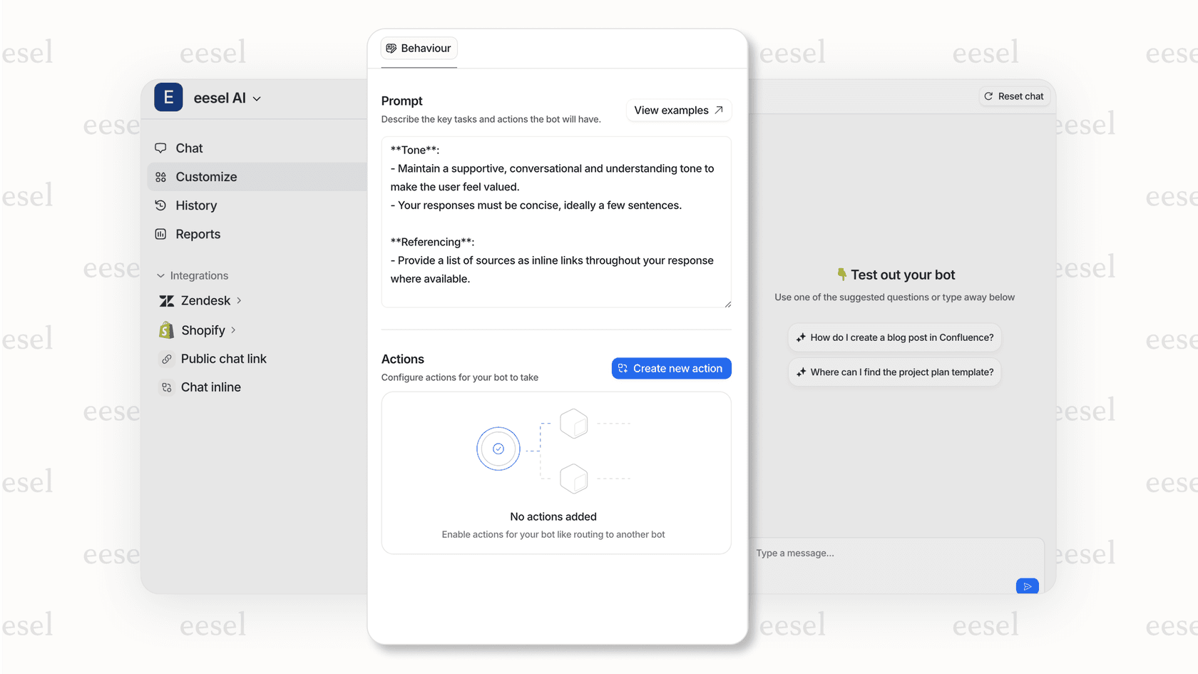 Screenshot of the eesel AI dashboard showing integrations for automating support with Shopify AI apps.