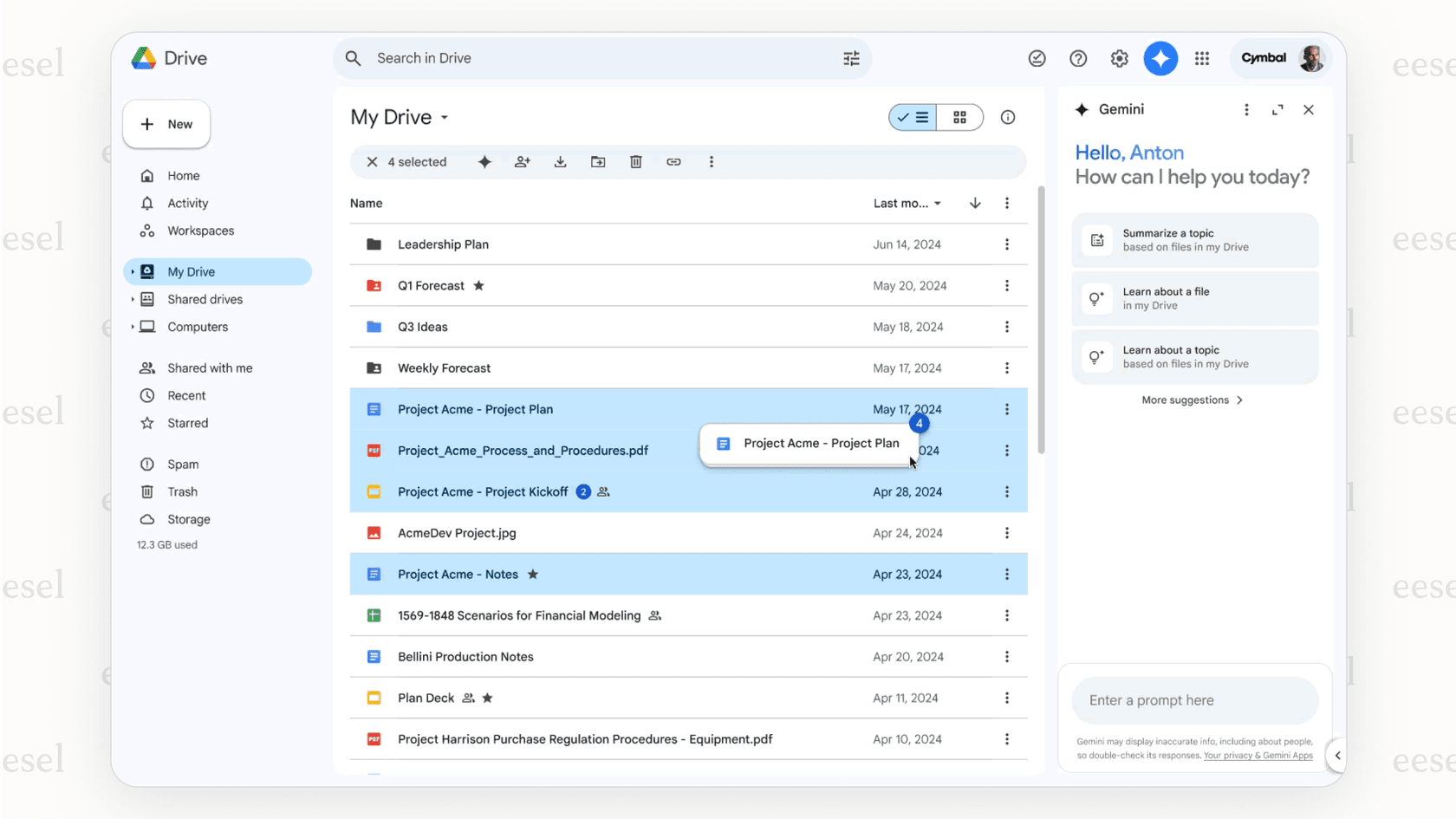 Screenshot showing Google Gemini summarizing documents related to Google Drive content.