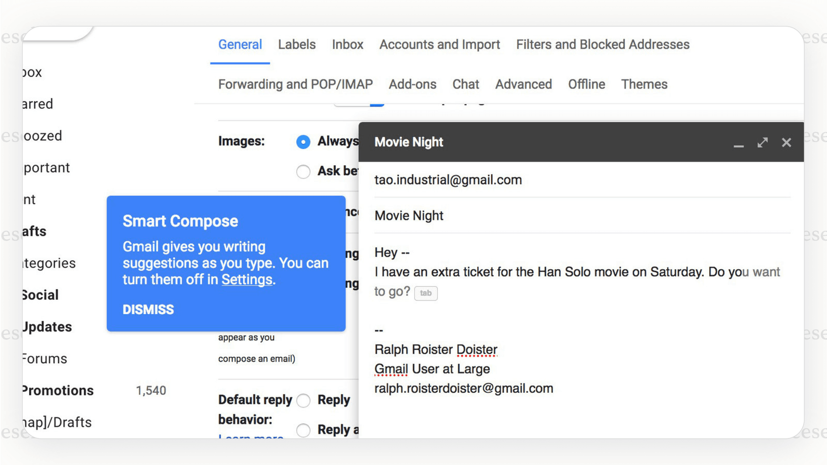 Gmail interface showing both Smart Reply options below an email and a Smart Compose text suggestion while drafting a Gmail AI reply.