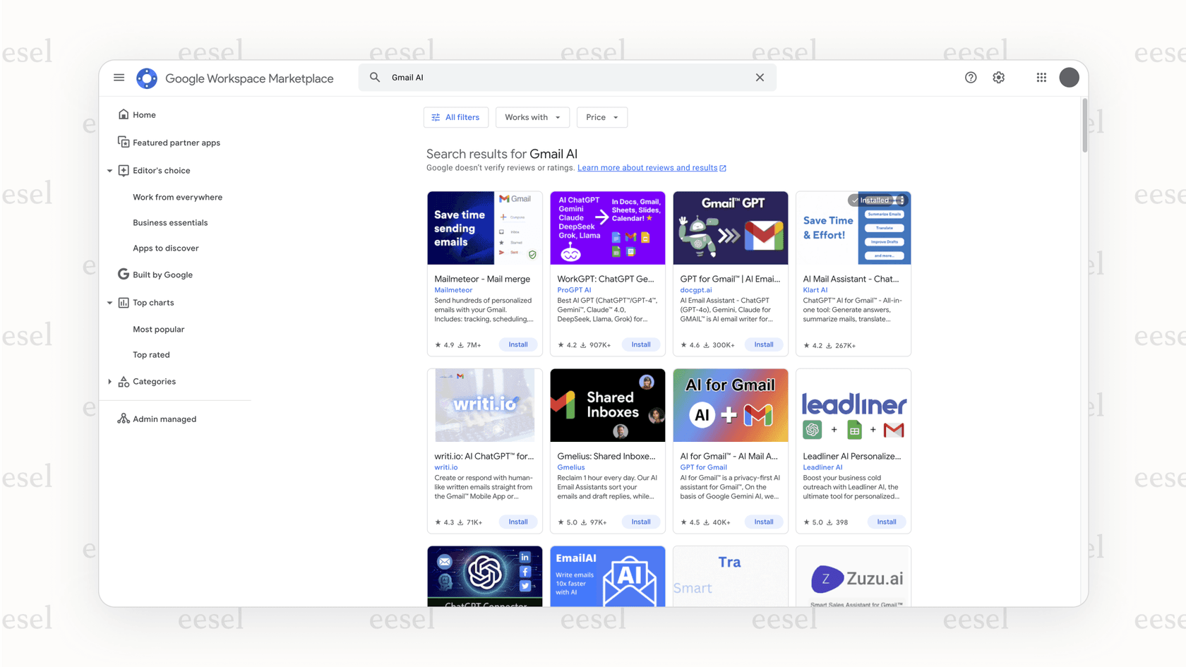 Screenshot showing where to find or install a Gmail AI plugin.