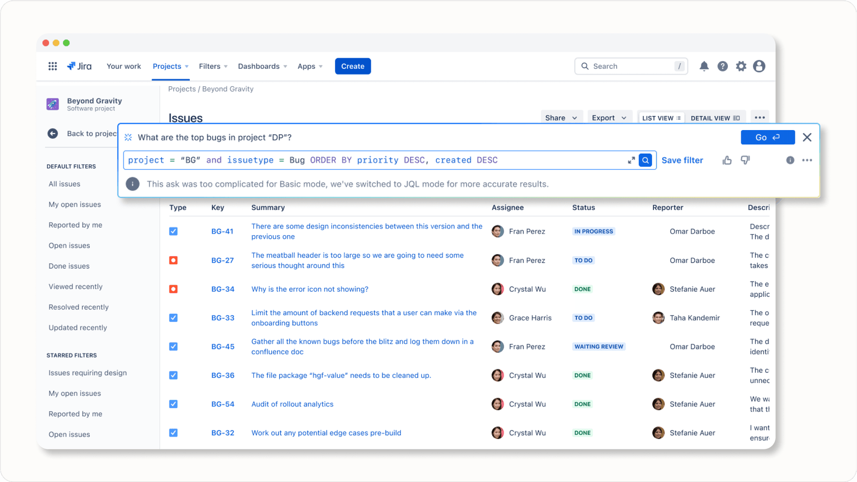 Jira AI search bar for natural language queries
