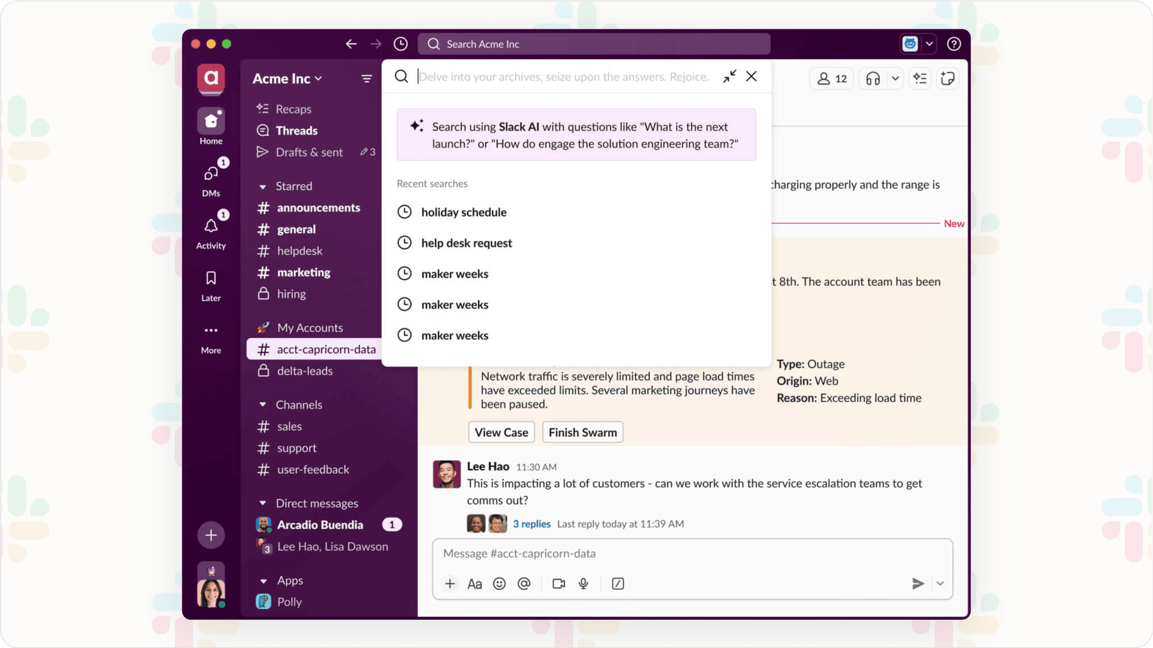 Composite screenshot showing Slack AI features like conversation summaries and AI search in the Slack interface.