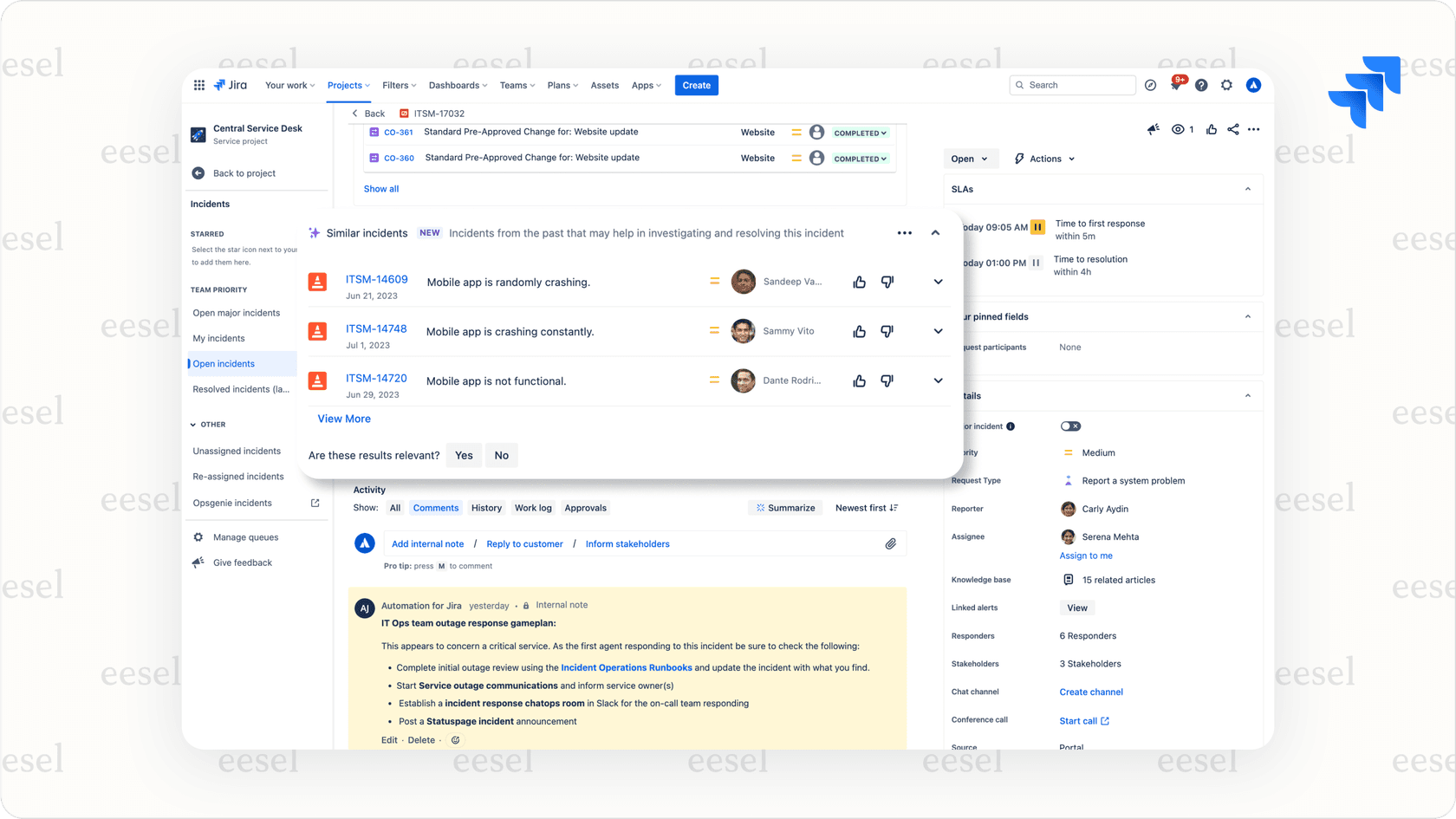 Screenshot of a Jira Service Management ticket displaying Jira service desk AI predictions for intent, language, and sentiment.
