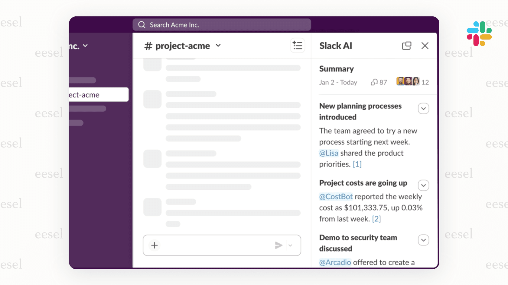 Image of Slack's AI conversation summary feature.