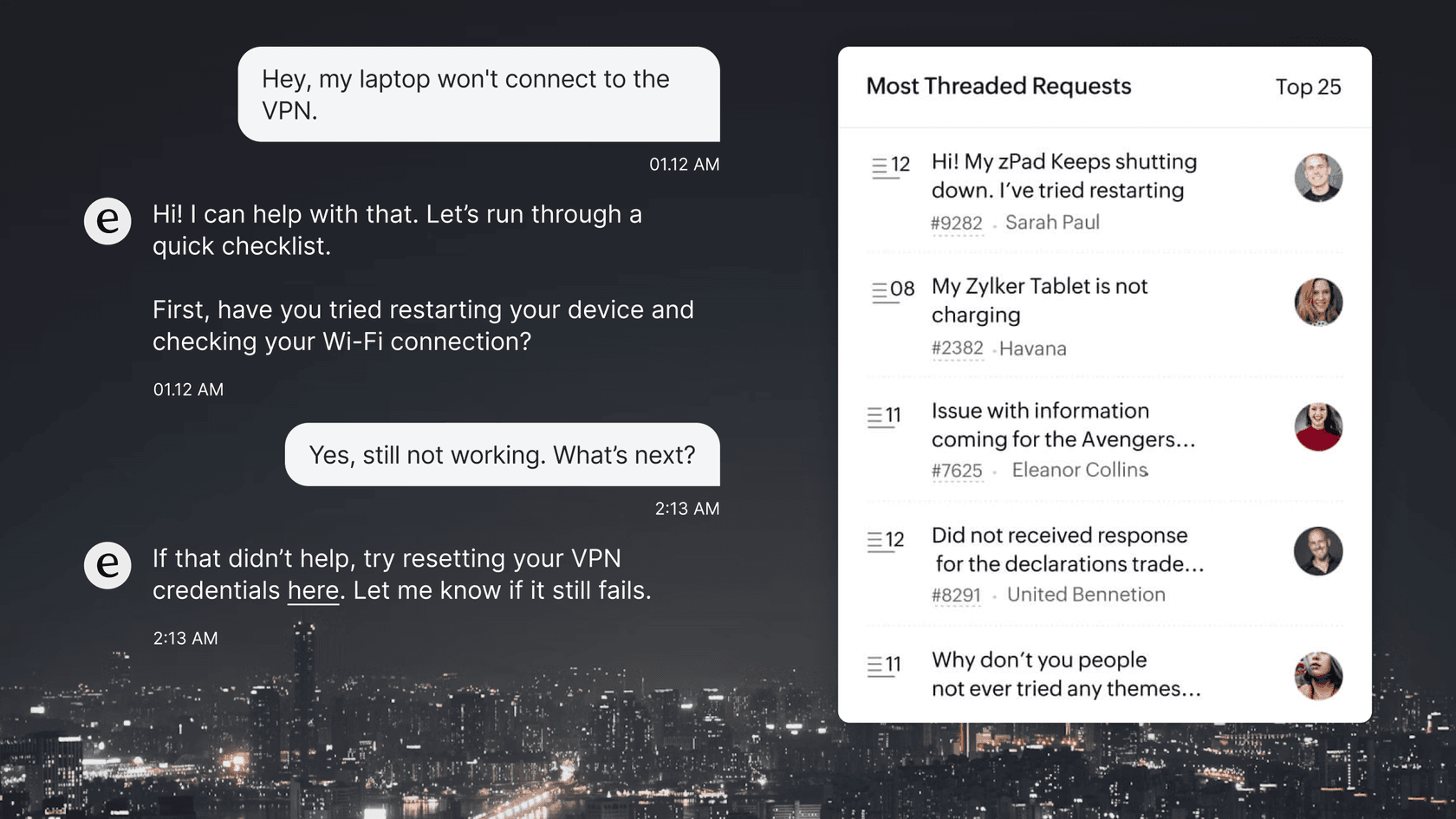 Screenshot illustrating 24/7 availability and efficiency benefits of an AI chatbot for Shopify.
