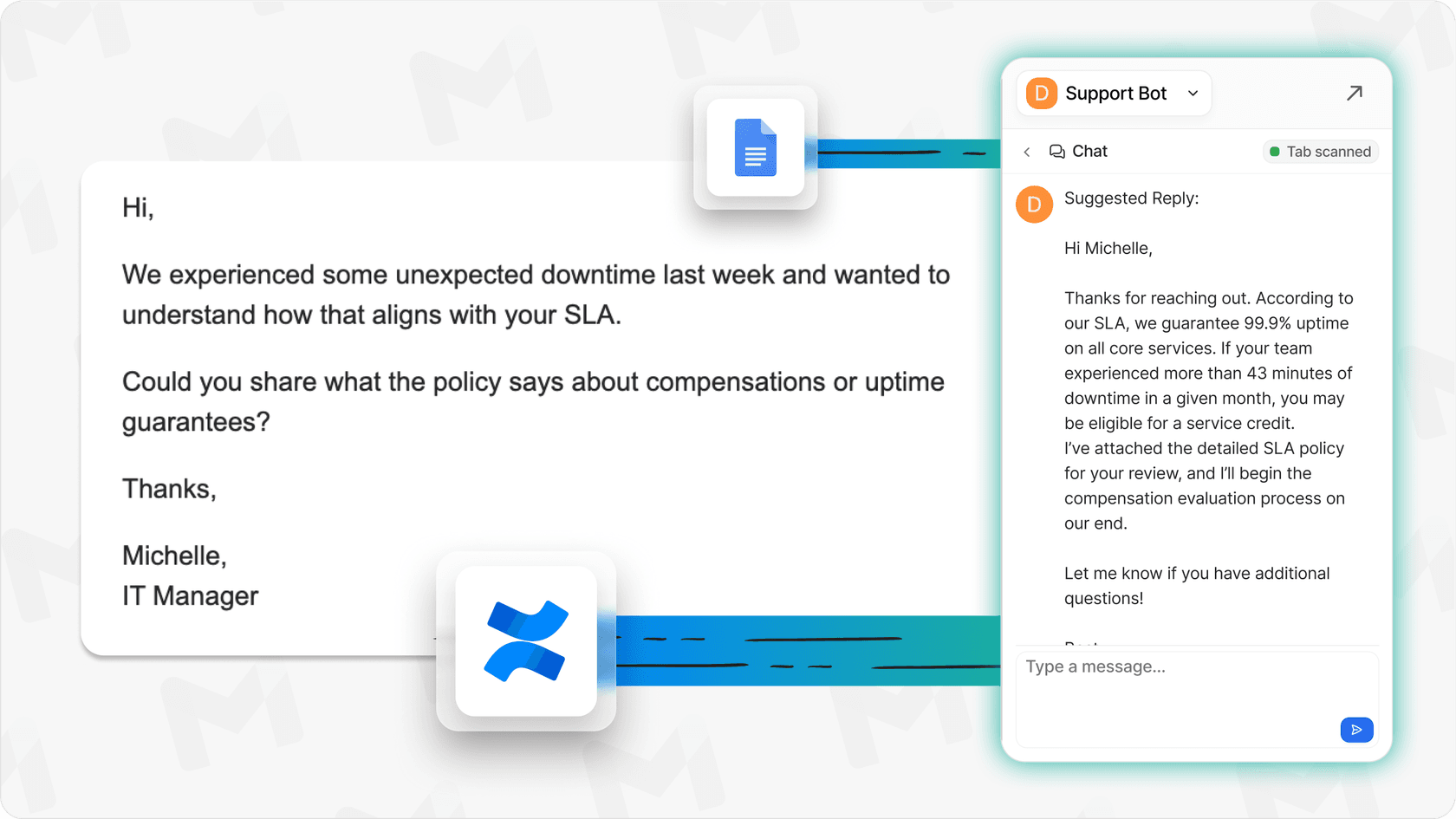 A Gmail compose window showing eesel AI drafting a context-aware reply using business data.