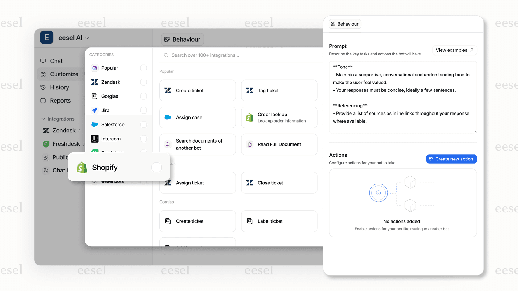 Screenshot of the eesel AI dashboard showing Shopify and other integrations for the AI chatbot for Shopify. 