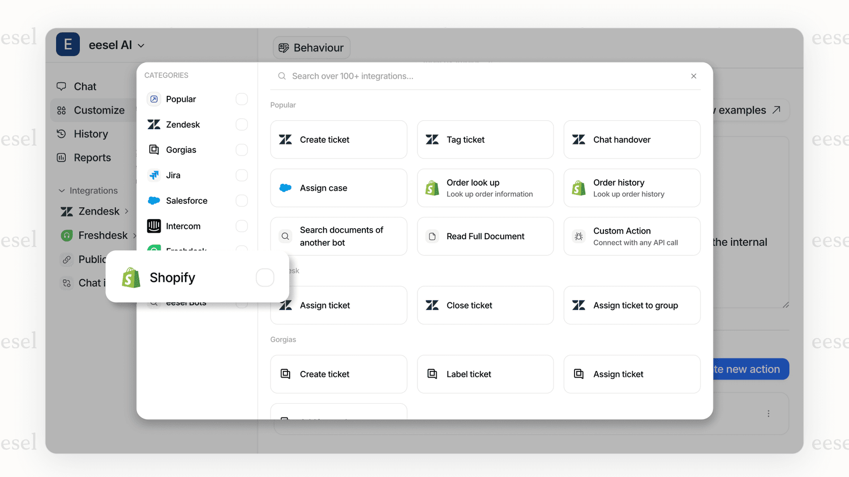 eesel AI's integration settings page showing how to connect a Shopify AI shopping assistant to Shopify data.