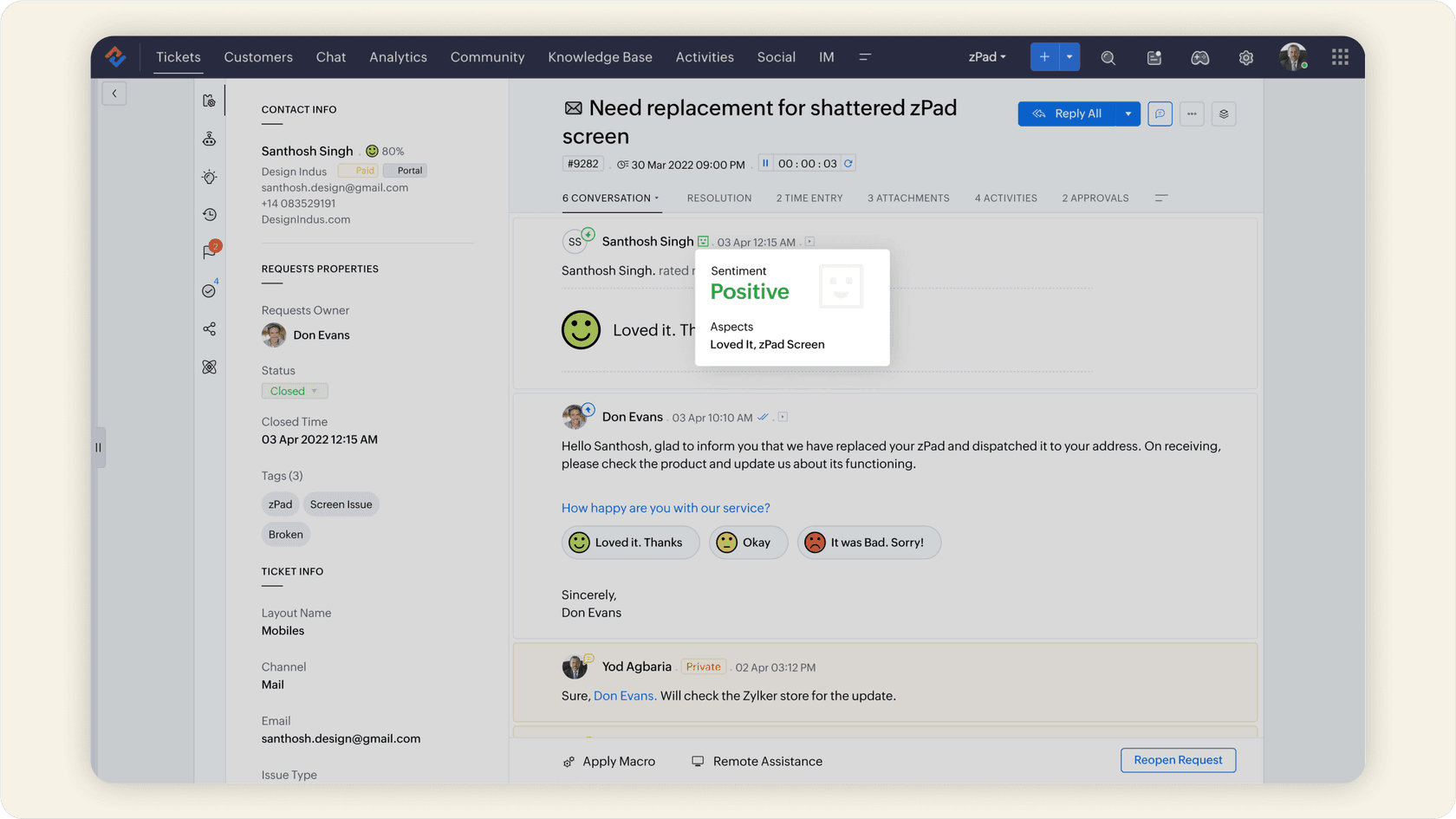 Image of Zoho Desk's interface highlighting Zia's AI sentiment analysis feature.