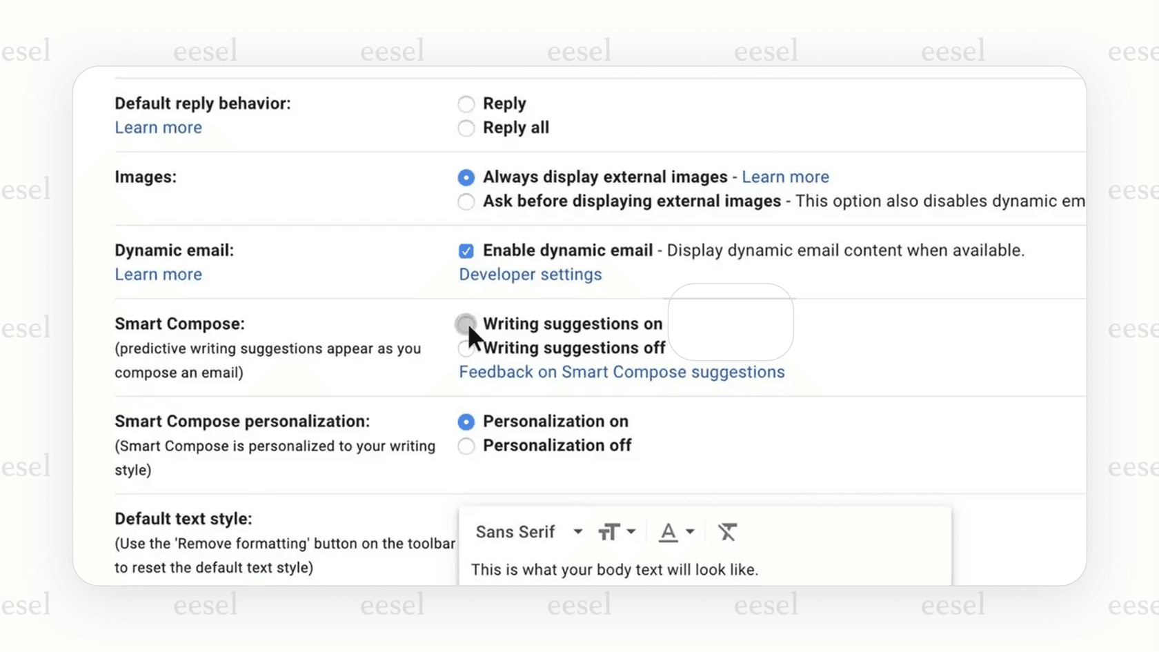 Gmail Settings page showing the options to enable Smart Reply and Smart Compose for Gmail AI reply automation.